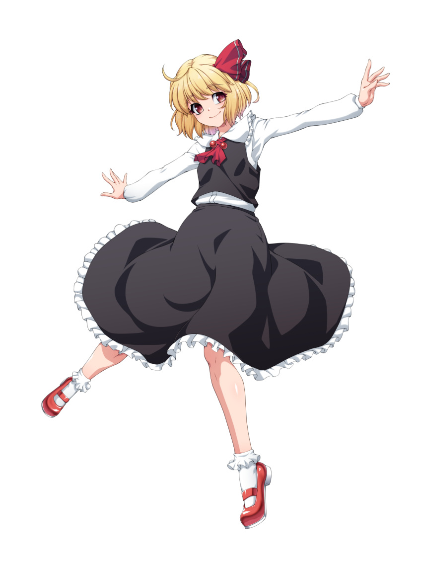 1girl ascot bangs black_skirt black_vest blonde_hair blush closed_mouth collared_shirt commentary_request flat_chest frilled_shirt_collar frilled_skirt frilled_socks frills full_body hair_ribbon highres long_sleeves looking_at_viewer mary_janes ootsuki_wataru outstretched_arms red_ascot red_eyes red_footwear red_ribbon ribbon rumia shirt shoes short_hair simple_background skirt skirt_set smile socks solo spread_arms touhou transparent_background vest white_shirt white_socks