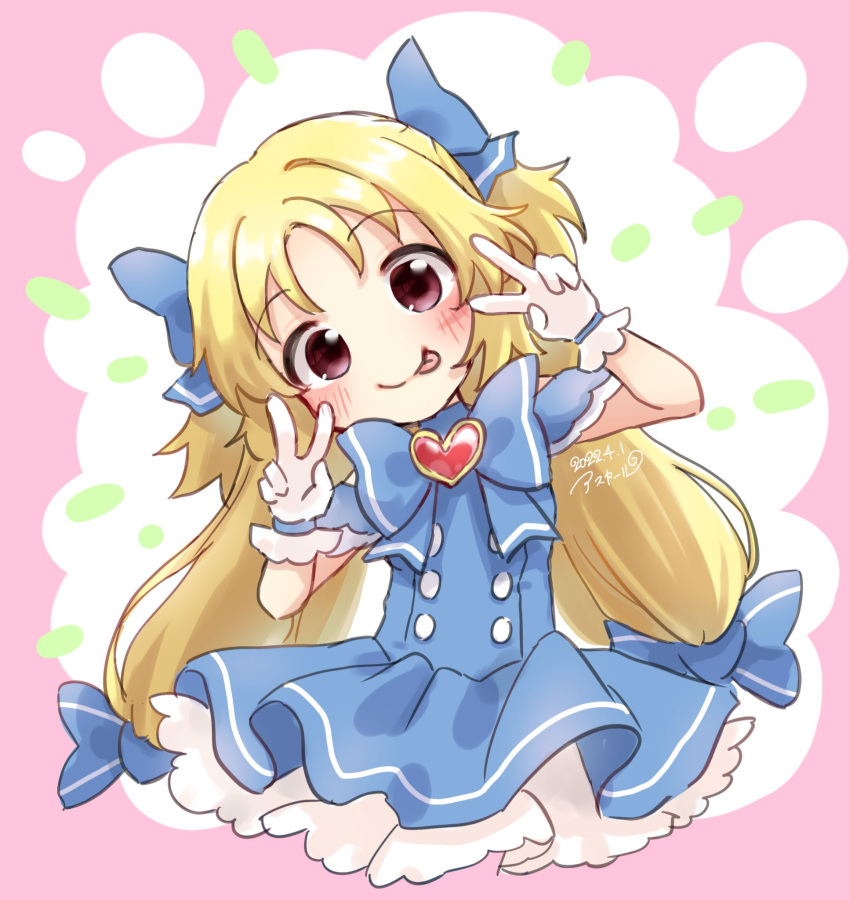 :p asukaru_(magika_ru) bangs blonde_hair blue_bow blue_bowtie blue_dress blue_ribbon blush bow bowtie buttons closed_mouth clothing_cutout collared_dress dated degarashi_mana double_v dress frilled_dress frills gloves hair_ribbon head_tilt heart heart-shaped_gem highres long_hair looking_at_viewer magia_record:_mahou_shoujo_madoka_magica_gaiden magical_girl mahou_shoujo_madoka_magica no_legs no_nose parted_bangs pink_eyes pleated_dress red_heart ribbon short_dress short_sleeves shoulder_cutout sidelocks signature smile tongue tongue_out twintails upper_body v very_long_hair white_gloves