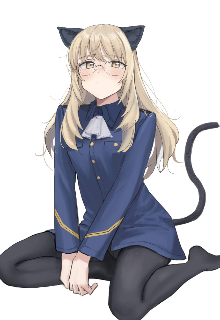 1girl absurdres animal_ear_fluff animal_ears ascot blonde_hair blush cat_ears cat_tail glasses highres long_hair looking_at_viewer nankyokuman no_shoes panties panties_under_pantyhose pantyhose perrine_h._clostermann side_ponytail solo strike_witches tail underwear uniform white_ascot white_background white_panties world_witches_series yellow_eyes
