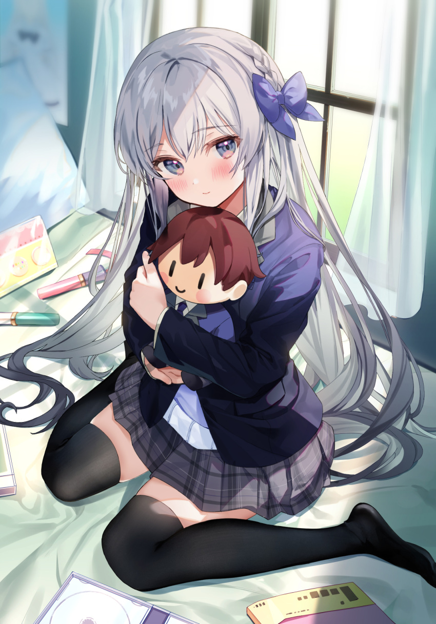 1girl bangs bed_sheet black_thighhighs blazer blue_bow blue_jacket blush bow braid character_doll closed_mouth commentary_request curtains doll_hug grey_eyes grey_hair grey_skirt hair_between_eyes hair_bow highres jacket kanda_done long_hair long_sleeves looking_at_viewer object_hug on_bed original pillow plaid plaid_skirt pleated_skirt school_uniform second-party_source shirt sitting skirt solo thigh-highs transparent very_long_hair wariza white_shirt window