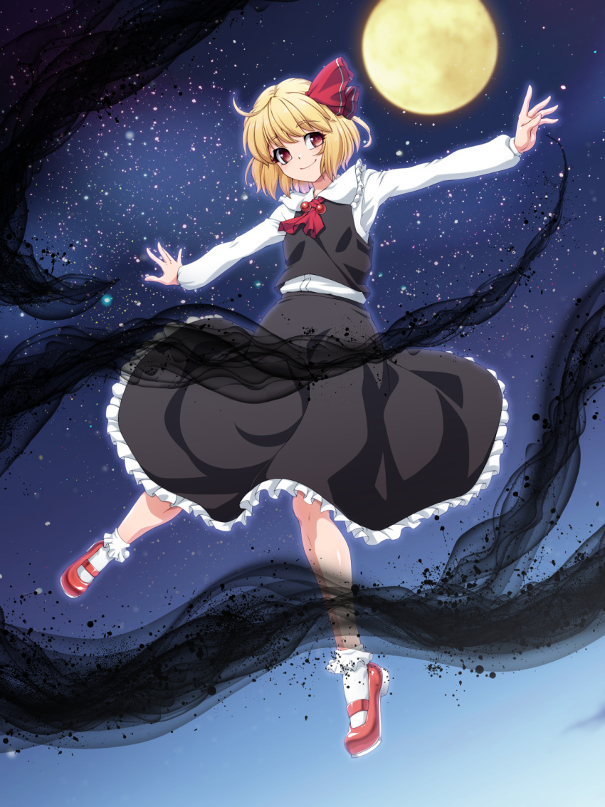 1girl ascot bangs black_skirt black_vest blonde_hair blush closed_mouth collared_shirt commentary_request darkness flat_chest frilled_shirt_collar frilled_skirt frilled_socks frills full_body full_moon hair_ribbon highres long_sleeves looking_at_viewer mary_janes moon night ootsuki_wataru outstretched_arms red_ascot red_eyes red_footwear red_ribbon ribbon rumia shirt shoes short_hair skirt skirt_set sky smile socks solo spread_arms star_(sky) starry_sky touhou vest white_shirt white_socks