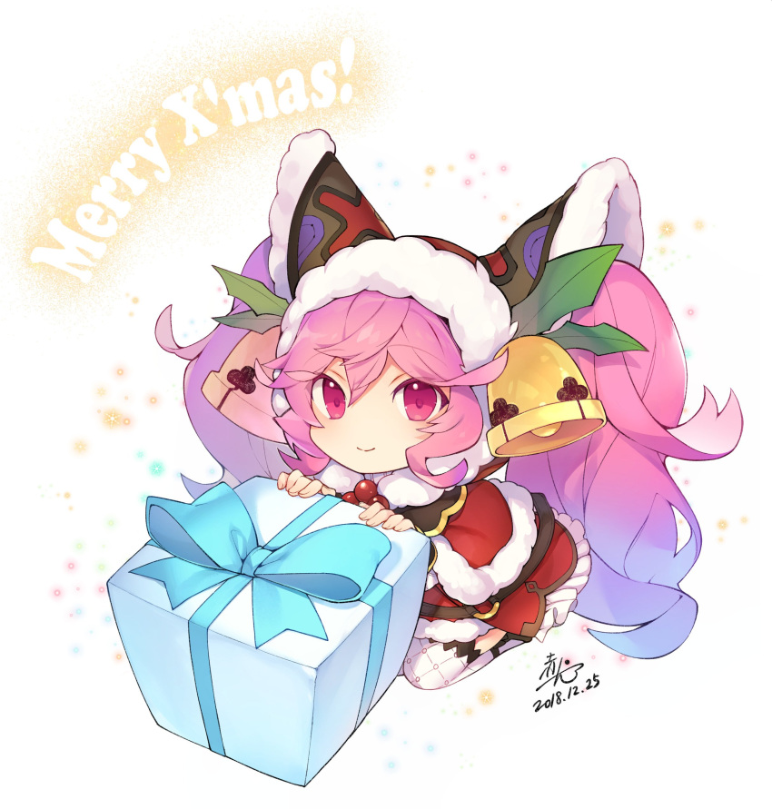1girl absurdres akayan bangs bell blue_hair box cleo_(dragalia_lost) dated dragalia_lost fur_trim gift gift_box hair_bell hair_between_eyes hair_ornament highres long_hair looking_at_viewer merry_christmas multicolored_hair official_alternate_costume pink_eyes pink_hair seiza signature sitting smile solo twintails very_long_hair