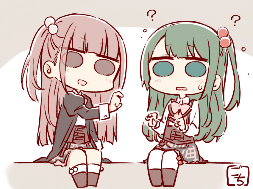 2girls :d ? aqua_eyes arm_at_side artist_name assault_lily bangs black_jacket blunt_bangs blunt_ends boots bow bowtie brown_background brown_eyes brown_footwear brown_hair chibi collared_shirt commentary_request corset flying_sweatdrops full_body gochisousama_(tanin050) green_hair grey_skirt hair_bobbles hair_ornament hand_up hands_up haneda_catalina_mei jacket juliet_sleeves kneehighs light_blush long_hair long_sleeves looking_at_viewer ludvico_private_girls'_academy_school_uniform miniskirt multiple_girls one_side_up open_clothes open_jacket parted_lips pink_bow pink_bowtie plaid plaid_skirt puffy_sleeves sano_matilda_kokoro school_uniform shirt sidelocks sitting skirt smile socks solid_circle_eyes suspenders sweatdrop thigh-highs two-tone_background underbust v-shaped_eyebrows white_background white_shirt white_socks white_thighhighs