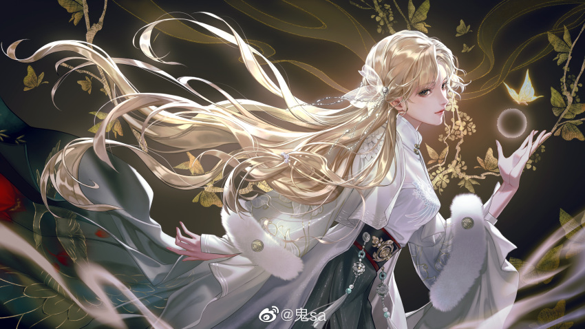 1girl absurdres black_skirt blonde_hair bug butterfly character_request closed_mouth dress from_side fur-trimmed_sleeves fur_trim glowing_butterfly gui_sa hair_ornament hand_up highres jacket long_hair long_sleeves skirt solo upper_body white_dress white_jacket yi_meng_jianghu