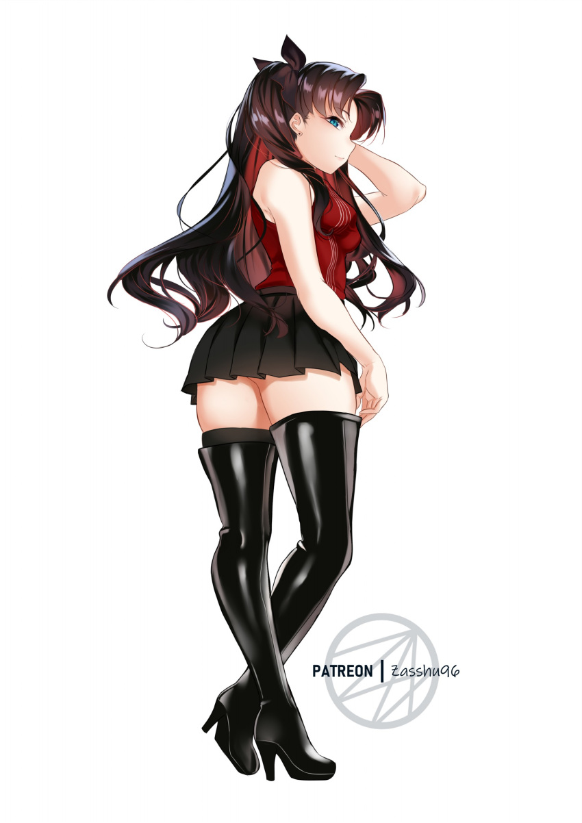 1girl absurdres artist_name bare_arms black_bow black_footwear black_skirt blue_eyes boots bow breasts breasts_apart brown_hair closed_mouth earrings fate/stay_night fate_(series) floating_hair from_side full_body gradient_hair hair_bow hand_in_own_hair high_heel_boots high_heels highres jewelry long_hair medium_breasts miniskirt multicolored_hair pleated_skirt profile red_shirt redhead shiny shiny_footwear shiny_hair shirt simple_background skirt sleeveless sleeveless_shirt solo standing thigh_boots tohsaka_rin twintails very_long_hair white_background zasshu zettai_ryouiki