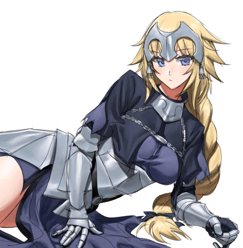 1girl armor bangs blonde_hair blue_eyes blush braid breasts closed_mouth fate/grand_order fate_(series) gauntlets headpiece highres jeanne_d'arc_(fate) large_breasts long_hair looking_at_viewer lying on_side ryofu_x simple_background single_braid solo very_long_hair white_background