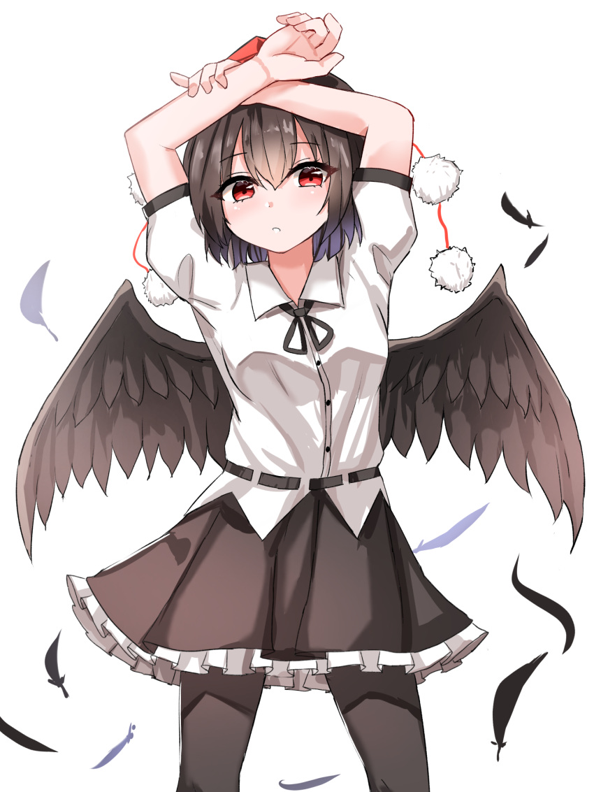 1girl arms_up bird_wings black_hair black_ribbon black_skirt black_thighhighs black_wings collared_shirt commentary_request cowboy_shot feathered_wings frilled_skirt frills hat highres kiui_(dagk8254) miniskirt neck_ribbon open_mouth pom_pom_(clothes) puffy_short_sleeves puffy_sleeves red_eyes red_headwear ribbon shameimaru_aya shirt short_hair short_sleeves skirt solo thigh-highs tokin_hat touhou white_shirt wings