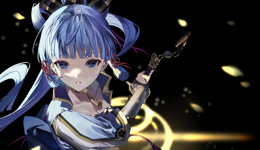 1girl absurdres bangs black_background blue_eyes blue_hair blue_shirt blunt_bangs bridal_gauntlets chinese_knot commentary genshin_impact hair_ornament hand_up hatachi8p highres holding holding_sword holding_weapon kamisato_ayaka long_hair looking_at_viewer parted_lips shirt sleeves_past_elbows solo sword tassel_choker upper_body weapon