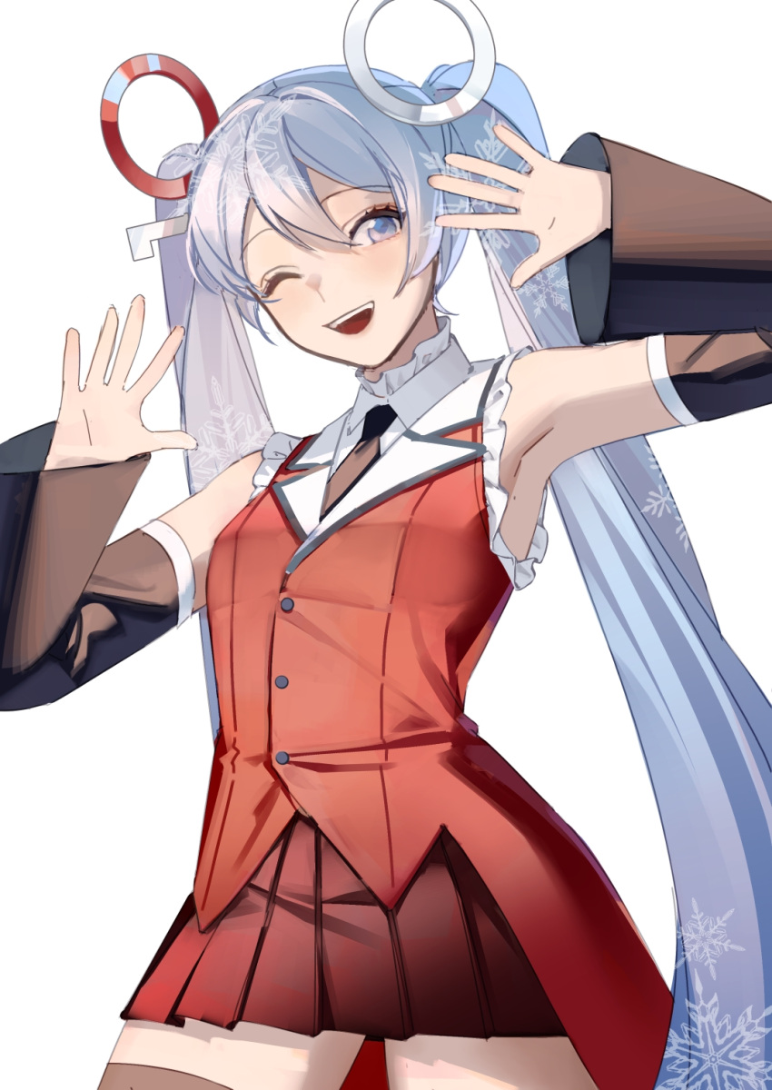 1girl armpits black_necktie black_sleeves blue_eyes blue_hair commentary cowboy_shot detached_sleeves hands_up hatsune_miku highres light_blue_hair long_hair looking_at_viewer mallope miniskirt necktie number_hair_ornament one_eye_closed open_mouth pleated_skirt red_shirt red_skirt shirt simple_background skirt sleeveless sleeveless_shirt smile snowflake_print solo thigh-highs twintails very_long_hair vocaloid white_background yuki_miku