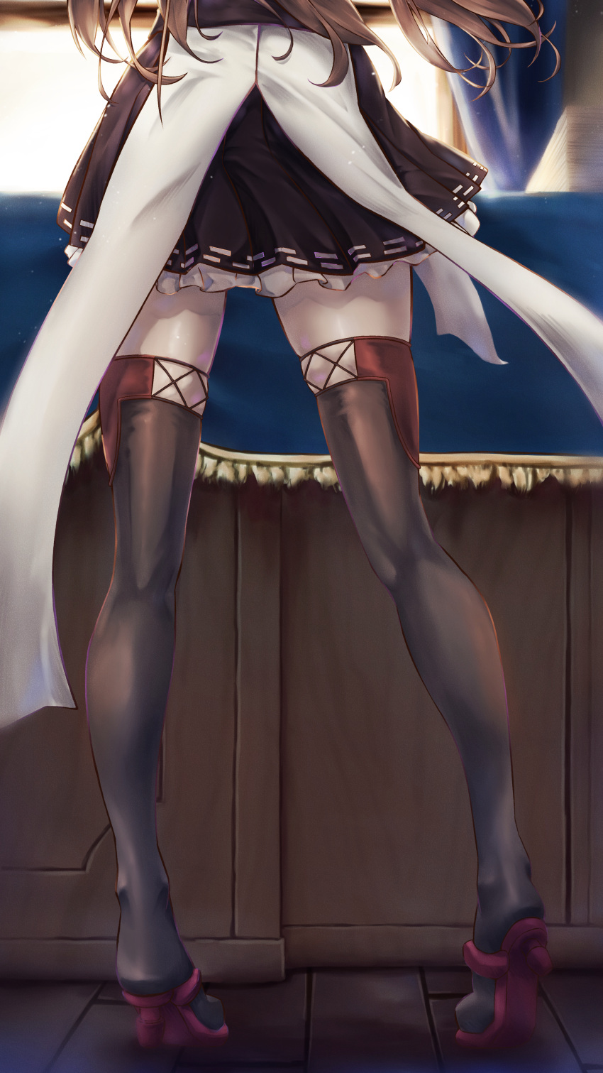 1girl absurdres black_skirt boots desk diablo010059 frilled_skirt frills from_behind high_heel_boots high_heels highres japanese_clothes kantai_collection kongou_(kancolle) lower_body skirt solo standing thigh_boots wooden_floor