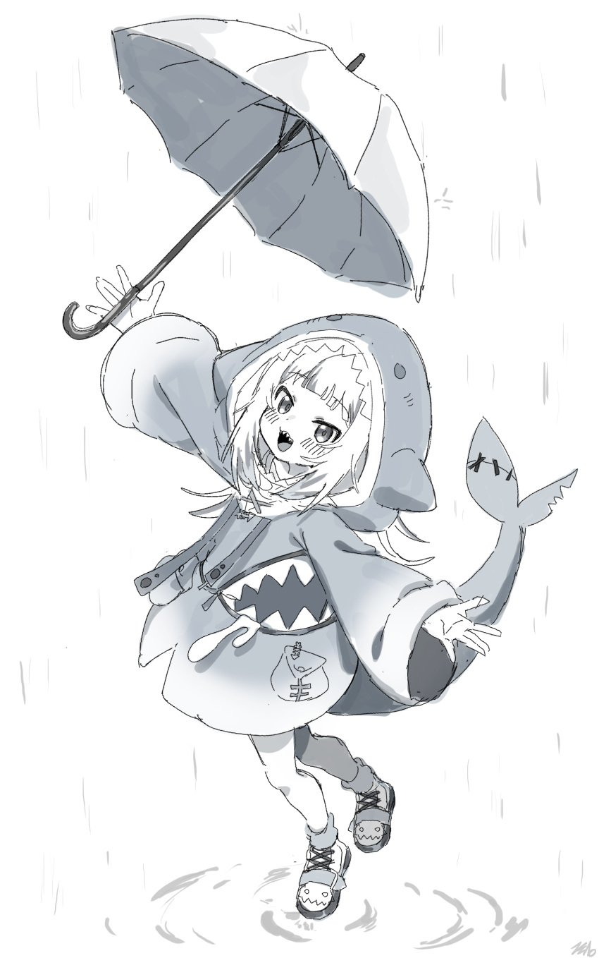 1girl :d absurdres bangs blush drawstring fish_tail full_body gawr_gura greyscale highres holding holding_umbrella hololive hololive_english hood hood_up hoodie long_sleeves looking_at_viewer monochrome outdoors rain shark_tail sharp_teeth shoes smile socks solo standing standing_on_one_leg tail teeth tosyeo umbrella virtual_youtuber white_background wide_sleeves
