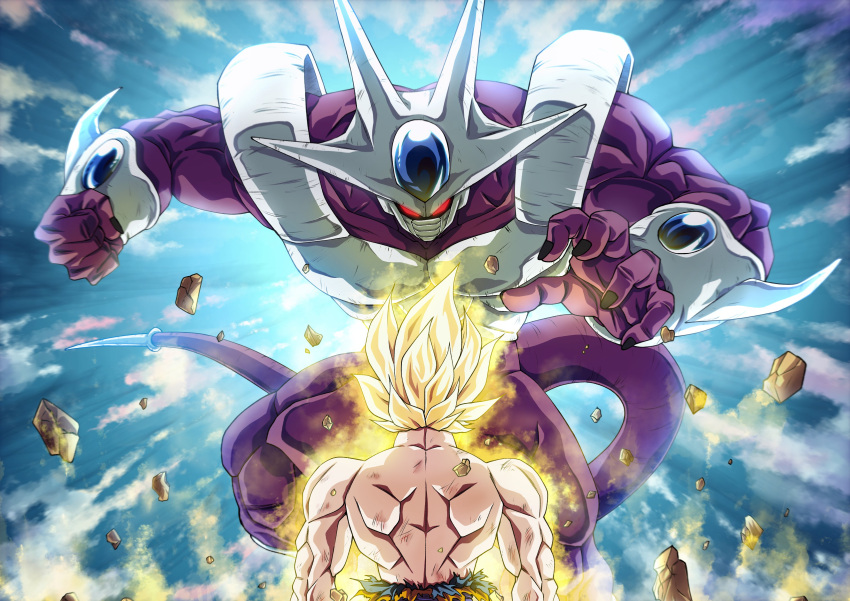 2boys absurdres back battle black_nails colored_skin cooler_(dragon_ball) debris dragon_ball dragon_ball_z from_behind highres male_focus mask mocky_art multiple_boys purple_skin red_eyes son_goku spiky_hair super_saiyan super_saiyan_1 topless_male