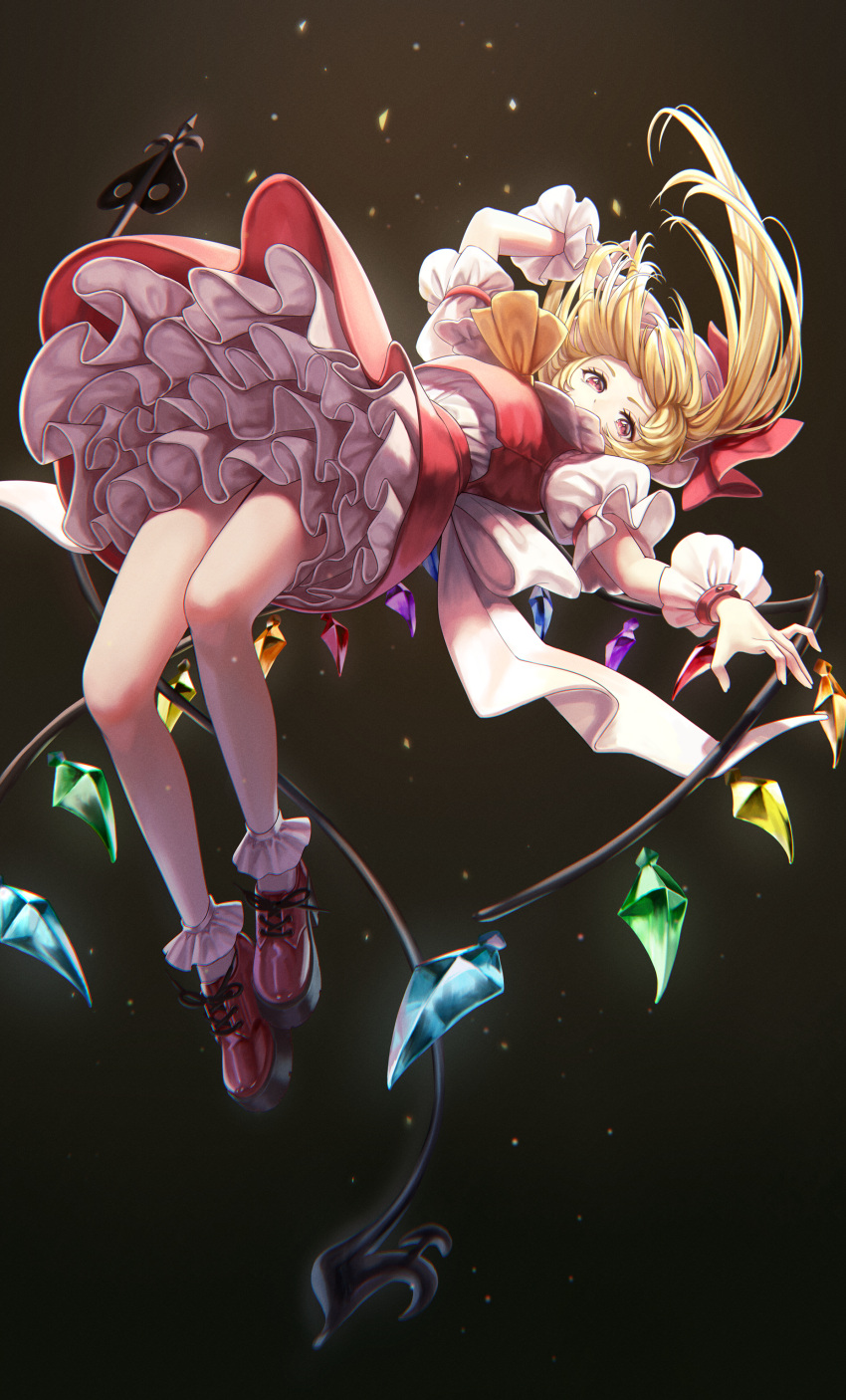 1girl absurdres arm_up ascot blonde_hair bobby_socks breasts covered_mouth crystal dark_background flandre_scarlet floating floating_hair foreshortening from_below gradient gradient_background grey_background hat high_heels highres laevatein_(touhou) legs light_particles long_hair looking_at_viewer miniskirt mob_cap one_side_up perspective petticoat pink_eyes puffy_short_sleeves puffy_sleeves red_footwear red_skirt red_vest shirt shoes short_sleeves simple_background skirt skirt_set small_breasts socks solo torinari_(dtvisu) touhou vest white_headwear white_shirt white_socks wings wrist_cuffs yellow_ascot