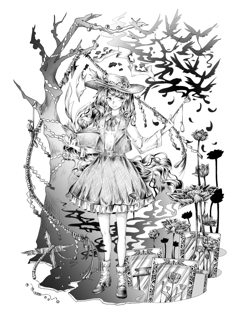 1256310514 1girl absurdres bird book closed_mouth collared_shirt dolls_in_pseudo_paradise fedora flower frilled_hat frilled_skirt frills full_body greyscale hat hat_feather highres holding holding_book holding_smoking_pipe jacket_girl_(dipp) kiseru long_hair long_sleeves looking_away mary_janes monochrome neck_ribbon noose open_clothes open_vest poppy_(flower) portrait_(object) ribbon rope shirt shoes skirt smile smoking_pipe socks solo stake standing straw_doll torii touhou traditional_media tree very_long_hair vest wavy_hair