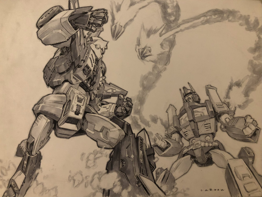 artist_name autobot clenched_hands commission fighting greyscale highres lewis_larosa mecha missile monochrome open_mouth robot science_fiction sixshot_(transformers) smoke traditional_media transformers ultra_magnus
