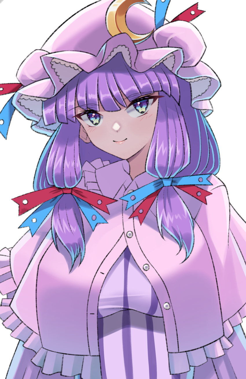 1girl absurdres bangs blue_bow blue_ribbon blunt_bangs bow breasts buttons capelet closed_mouth commentary_request crescent crescent_hat_ornament doku_yanagi frilled_capelet frills hair_bow hat hat_ornament hat_ribbon highres large_breasts looking_at_viewer mob_cap patchouli_knowledge purple_hair red_bow red_ribbon ribbon simple_background smile solo touhou upper_body violet_eyes white_background