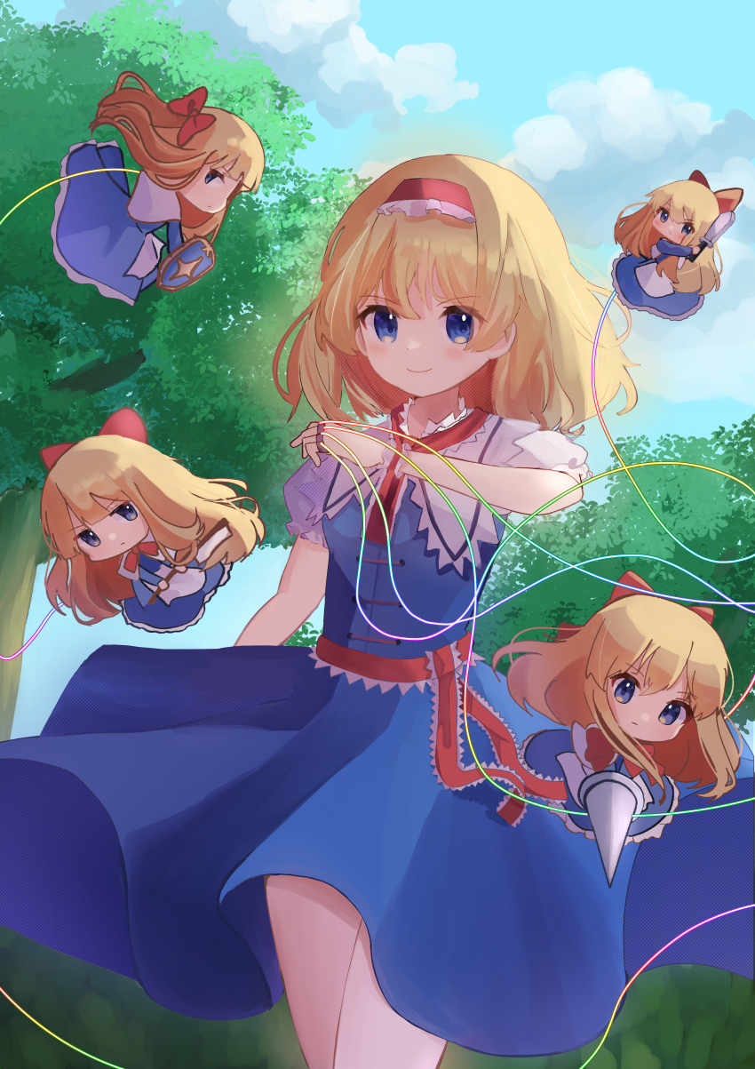 1girl absurdres alice_margatroid bangs blonde_hair blue_dress blue_eyes blue_sky bow capelet closed_mouth doll doll_joints dress forest frilled_hairband frills hair_bow hairband highres holding holding_polearm holding_shield holding_sword holding_weapon joints lolita_hairband long_hair looking_at_viewer nature nene_man outdoors polearm red_bow red_hairband shanghai_doll shield short_hair sky smile solo standing sword touhou tree weapon white_capelet