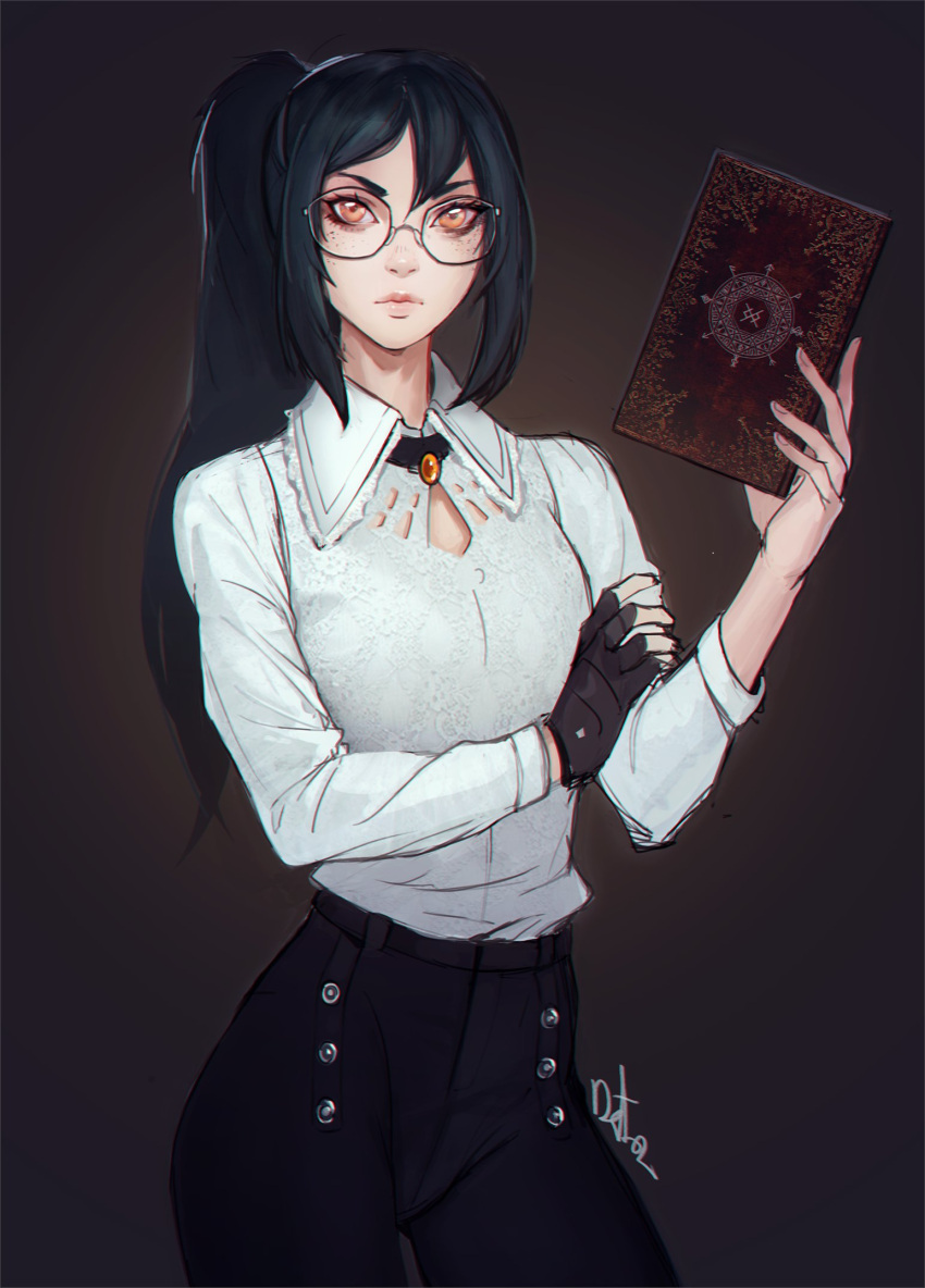 1girl black_gloves black_hair black_pants blouse book borrowed_character brooch brown_background closed_mouth collared_shirt cowboy_shot distr fingerless_gloves freckles glasses gloves highres holding holding_book jewelry long_sleeves looking_at_viewer orange_eyes original pants ponytail round_eyewear shirt signature simple_background single_glove solo white_shirt wing_collar