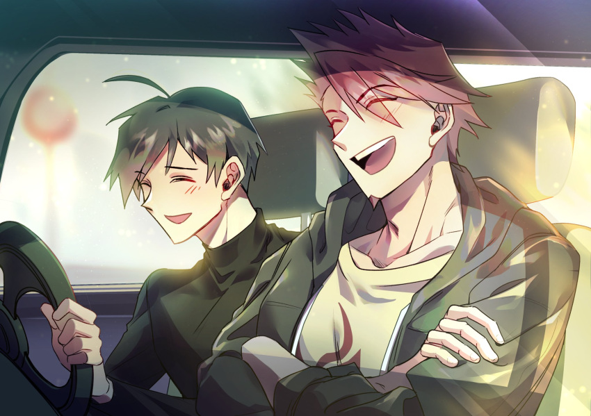 2boys :d ahoge alternate_costume bangs brown_hair brown_jacket car_interior collarbone crossed_arms danganronpa_(series) danganronpa_v3:_killing_harmony dari_v3 driving facial_hair goatee highres jacket male_focus momota_kaito multiple_boys print_shirt shiny shiny_hair shirt short_hair sitting smile spiky_hair teeth upper_teeth