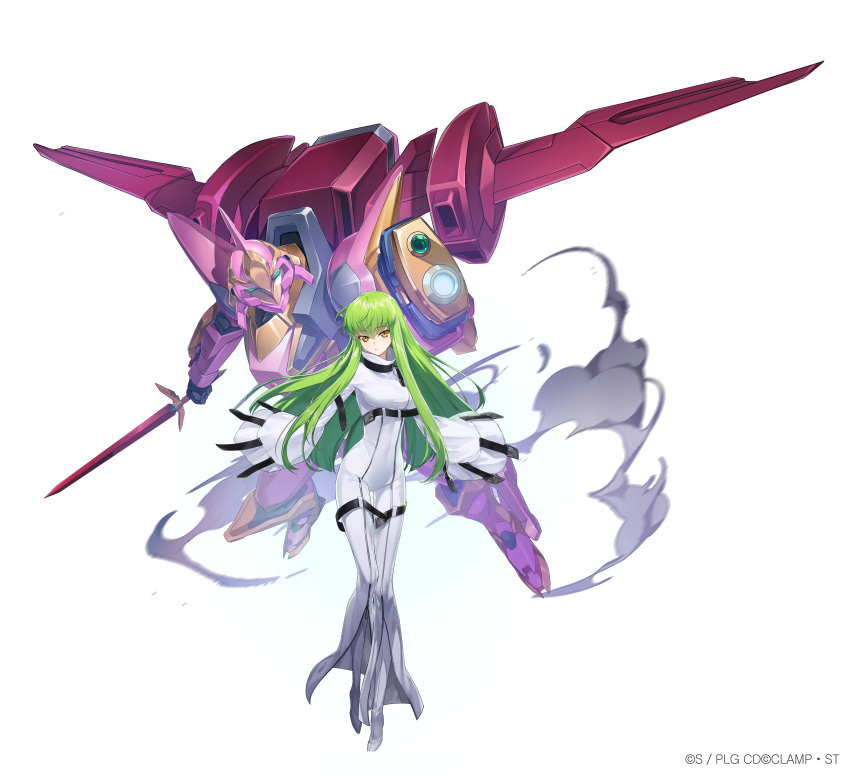 1girl absurdres alpha_transparency c.c. code_geass collaboration copyright counter:side green_hair highres long_hair looking_at_viewer mecha official_art robot sword tachi-e tagme transparent_background weapon yellow_eyes