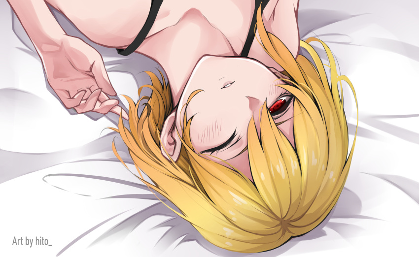 1girl absurdres bangs blonde_hair collarbone hair_between_eyes highres hitozche hololive hololive_indonesia kaela_kovalskia looking_at_viewer lying on_back on_bed one_eye_closed parted_lips red_eyes short_hair solo upside-down virtual_youtuber