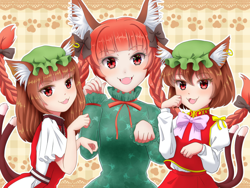 3girls :3 :d animal_ear_fluff animal_ears bow braid brown_hair cat_ears cat_girl cat_tail chen earrings fangs floating_hair foul_detective_satori hat highres jewelry kaenbyou_rin kisaragi_koushi mob_cap multiple_girls multiple_tails nekomata patterned_background paw_pose red_eyes redhead ribbon single_earring smile tail touhou twin_braids two_tails