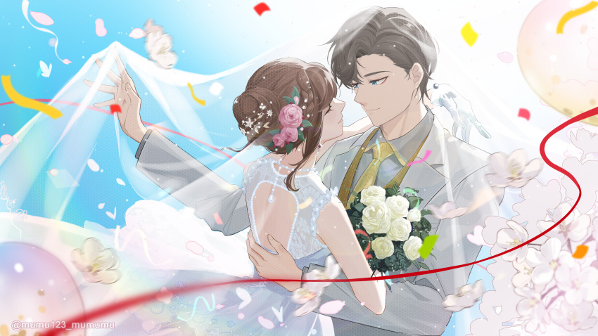 1boy 1girl absurdres artem_wing_(tears_of_themis) artist_name backless_dress backless_outfit bangs blue_eyes blue_sky bouquet brown_hair closed_eyes closed_mouth clouds cloudy_sky collared_shirt confetti dress flower formal hair_bun hair_flower hair_ornament highres holding holding_bouquet jacket long_hair long_sleeves mumu123 necktie outdoors pink_flower pink_rose rosa_(tears_of_themis) rose shirt single_hair_bun sky sleeveless sleeveless_dress smile tears_of_themis veil wedding white_dress white_flower white_jacket white_rose white_shirt yellow_necktie