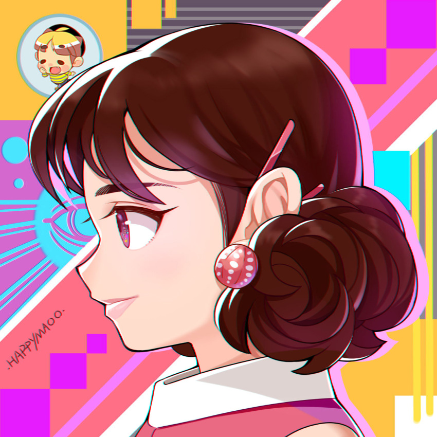 2girls abstract_background artist_name bangs brown_hair hair_ornament happymaoo highres moritaka_chisato multiple_girls portrait profile real_life shadow short_hair solo_focus violet_eyes