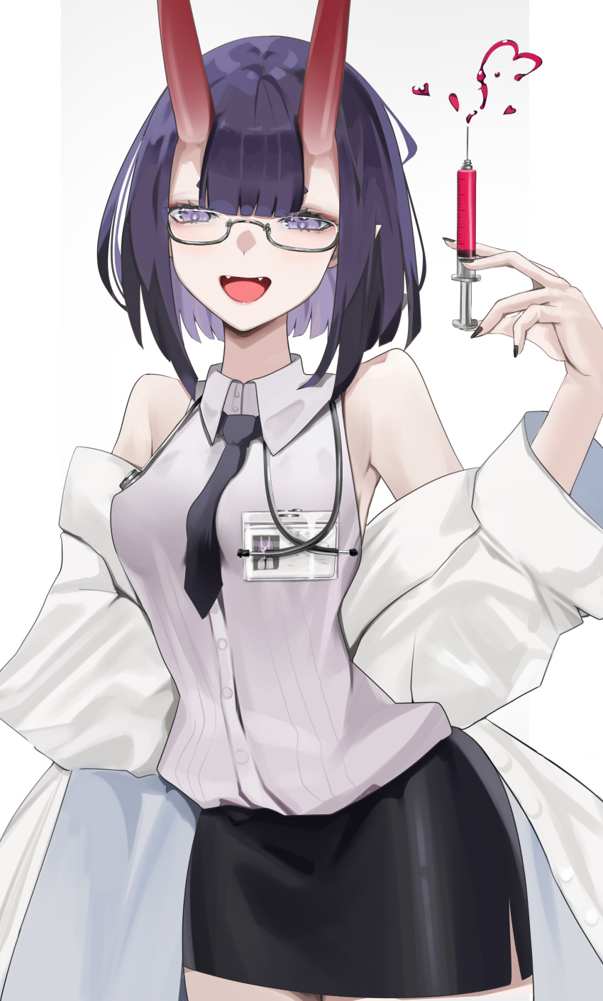1girl absurdres alternate_costume bangs bare_shoulders bespectacled bob_cut breasts collared_shirt commentary cowboy_shot doctor eyeliner fang fate/grand_order fate_(series) glasses heart highres holding holding_syringe horns labcoat looking_at_viewer makeup medium_breasts necktie off_shoulder oni oni_horns open_mouth pencil_skirt purple_hair san_(harutuki_3) shirt short_hair shuten_douji_(fate) simple_background skin-covered_horns skirt sleeveless sleeveless_shirt smile solo stethoscope syringe violet_eyes white_background