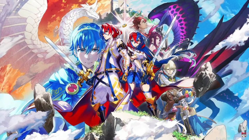 box_art dragon female_protagonist_(fire_emblem_engage) fire_emblem fire_emblem_engage heterochromia highres holding holding_sword holding_weapon long_hair male_protagonist_(fire_emblem_engage) marth_(fire_emblem) multicolored_hair multiple_boys multiple_girls official_art red_eyes short_hair sword thigh_strap two-tone_hair weapon