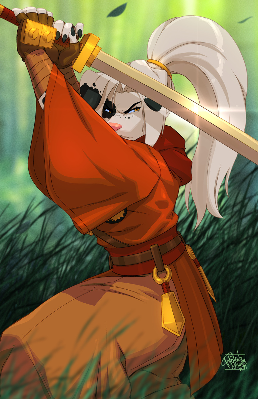 artist_name black_nails blurry blurry_background brown_gloves commission english_commentary fighting_stance fingerless_gloves furry glint gloves grass highres holding holding_sword holding_weapon katana long_hair original outdoors ponytail samurai solo sword tovio_rogers weapon white_hair wide_sleeves