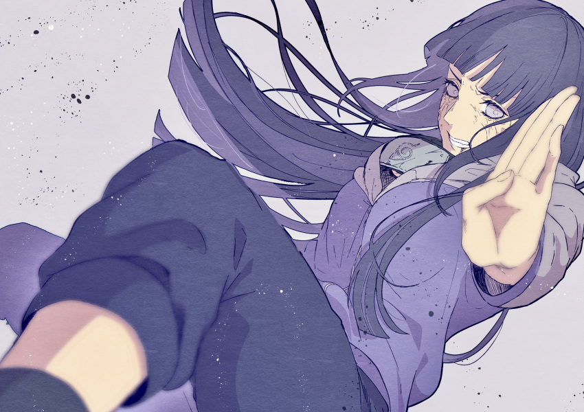 1girl bangs black_hair black_pants blunt_bangs blurry blurry_foreground clenched_teeth floating_hair grey_background grey_eyes grey_sleeves headband_around_neck highres hime_cut hood hood_down hooded_cardigan hyuuga_hinata long_hair long_sleeves looking_at_viewer naruto_(series) naruto_shippuuden outstretched_arm pants solo suzu_(tg_390) teeth very_long_hair