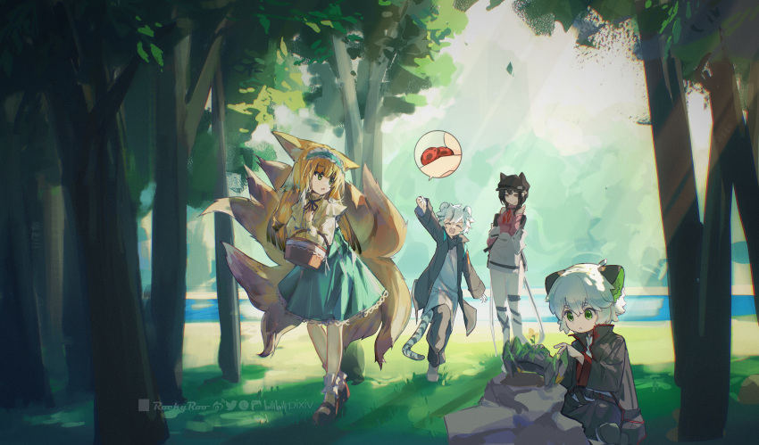 2boys 2girls :o absurdres animal animal_ear_fluff animal_ears arknights bangs black_footwear black_jacket black_pants blonde_hair blue_hairband blue_skirt bug character_request commentary_request crossover day forest fox_ears fox_girl fox_tail frilled_hairband frills green_eyes hair_between_eyes hairband hand_up highres holding holding_animal jacket kitsune ladybug long_hair long_sleeves luoxiaohei multiple_boys multiple_girls nature open_clothes open_jacket outdoors pants parted_lips pink_shirt puffy_long_sleeves puffy_sleeves rockrock_(arknights) rockyroo shirt shoes skirt sleeves_past_wrists socks standing suzuran_(arknights) tail the_legend_of_luo_xiaohei tiger_ears tiger_girl tiger_tail tree very_long_hair walking white_shirt white_skirt white_socks