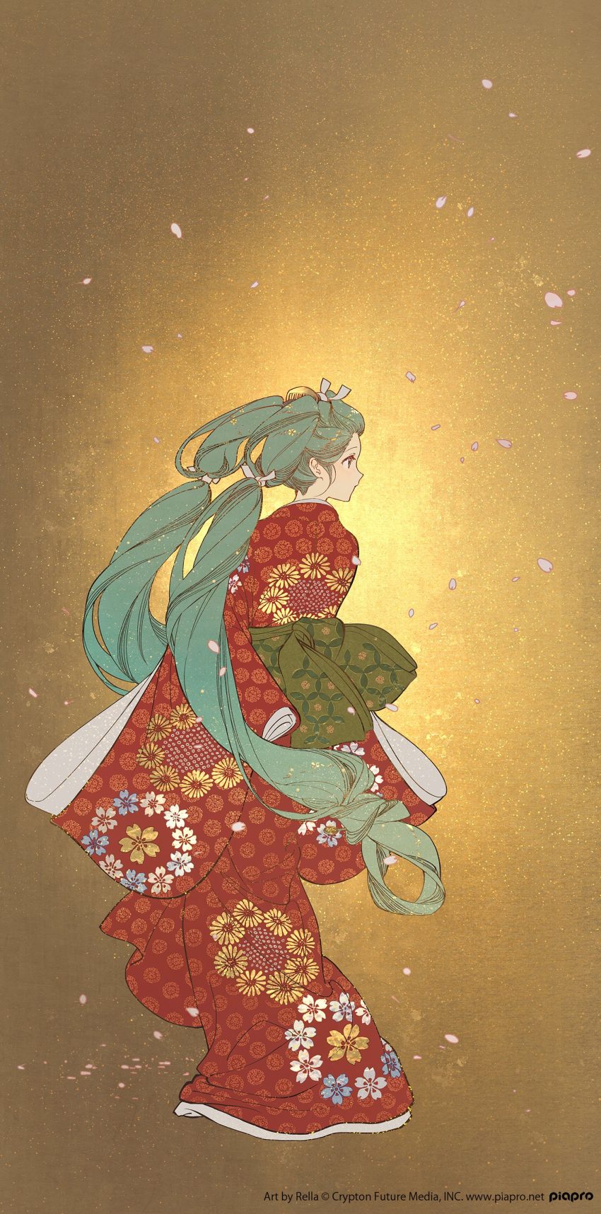 1girl absurdres aqua_hair closed_mouth expressionless facing_to_the_side falling_petals floral_print from_behind full_body glowing hatsune_miku highres japanese_clothes kimono long_hair long_sleeves looking_to_the_side obi official_art petals profile red_kimono rella sash second-party_source simple_background solo standing twintails very_long_hair vocaloid wide_sleeves