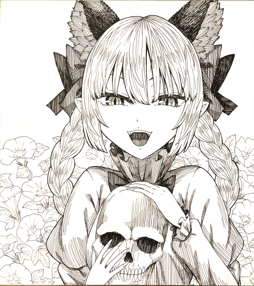 1girl animal_ear_fluff animal_ears bangs braid cat_ears commentary_request dress extra_ears flower frilled_dress frills graphite_(medium) greyscale hair_between_eyes hatching_(texture) highres holding holding_skull juliet_sleeves kaenbyou_rin ke-su long_hair long_sleeves looking_at_viewer monochrome open_mouth puffy_sleeves shikishi skull smile solo touhou traditional_media twin_braids upper_body