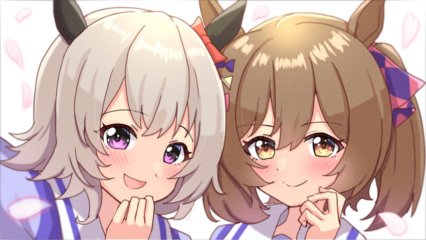 2girls :d absurdres animal_ears ao_(flowerclasse) bangs blue_shirt blush bow brown_eyes brown_hair closed_mouth commentary_request curren_chan_(umamusume) ear_bow grey_hair hair_between_eyes hair_bow hand_up highres horse_ears looking_at_viewer multiple_girls petals pink_bow purple_bow red_bow school_uniform shirt smart_falcon_(umamusume) smile tracen_school_uniform umamusume violet_eyes white_background yellow_bow