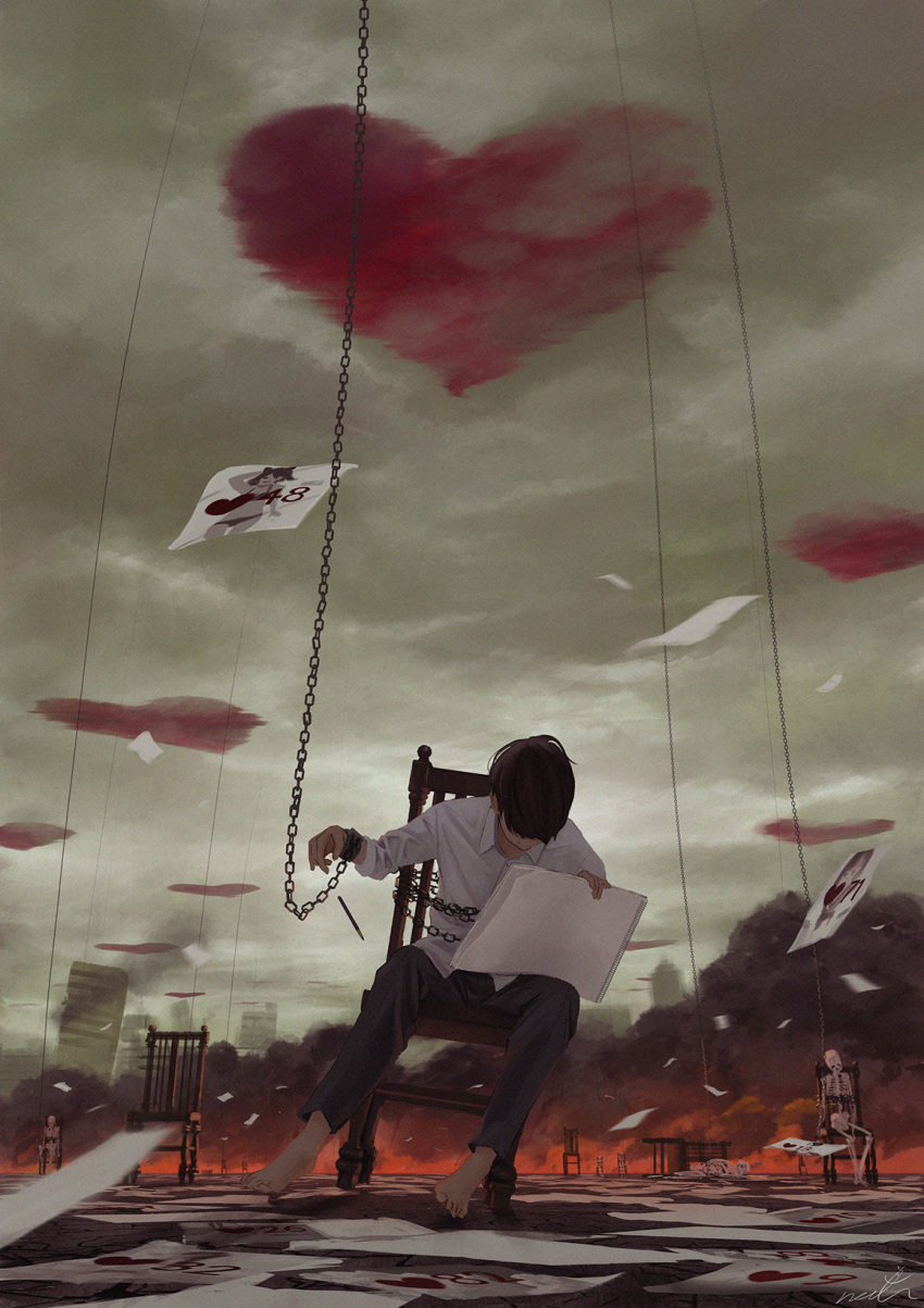 1boy barefoot black_hair black_pants building chain chair clouds cloudy_sky collared_shirt formal heart highres holding holding_paper long_sleeves male_focus original outdoors pants paper papi_(papiron100) shirt short_hair signature skeleton sky smoke solo white_shirt wooden_chair