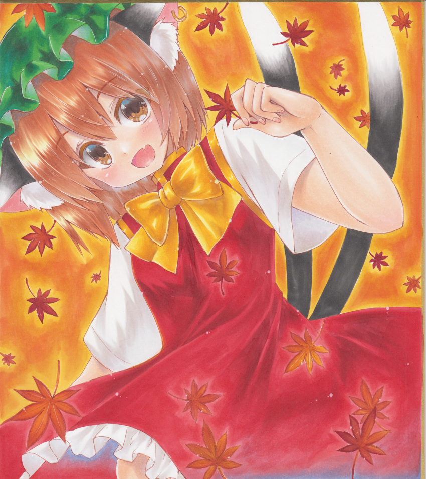 1girl :d absurdres animal_ear_fluff animal_ears brown_eyes brown_hair cat_ears cat_tail chen fang flat_chest hair_between_eyes hat highres holding holding_leaf leaf looking_at_viewer maple_leaf medium_hair mob_cap nekomata orange_background simple_background skin_fang smile solo tail touhou tsugumi_(tky-fam)