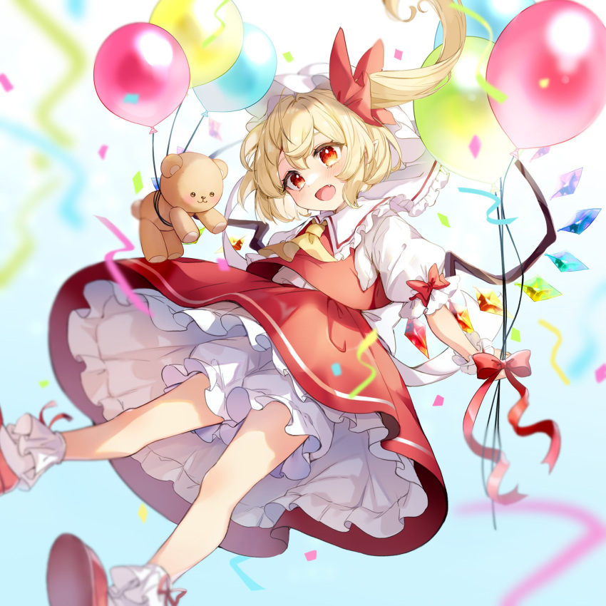 ascot balloon blonde_hair bloomers blush collared_shirt commentary crystal fang flandre_scarlet hair_ribbon happy hat highres medium_hair mob_cap open_mouth paragasu_(parags112) puffy_short_sleeves puffy_sleeves red_eyes red_footwear red_ribbon red_skirt red_vest ribbon shirt shoe_soles short_sleeves side_ponytail skirt stuffed_animal stuffed_toy symbol-only_commentary teddy_bear touhou underwear vest white_bloomers white_shirt wings yellow_ascot