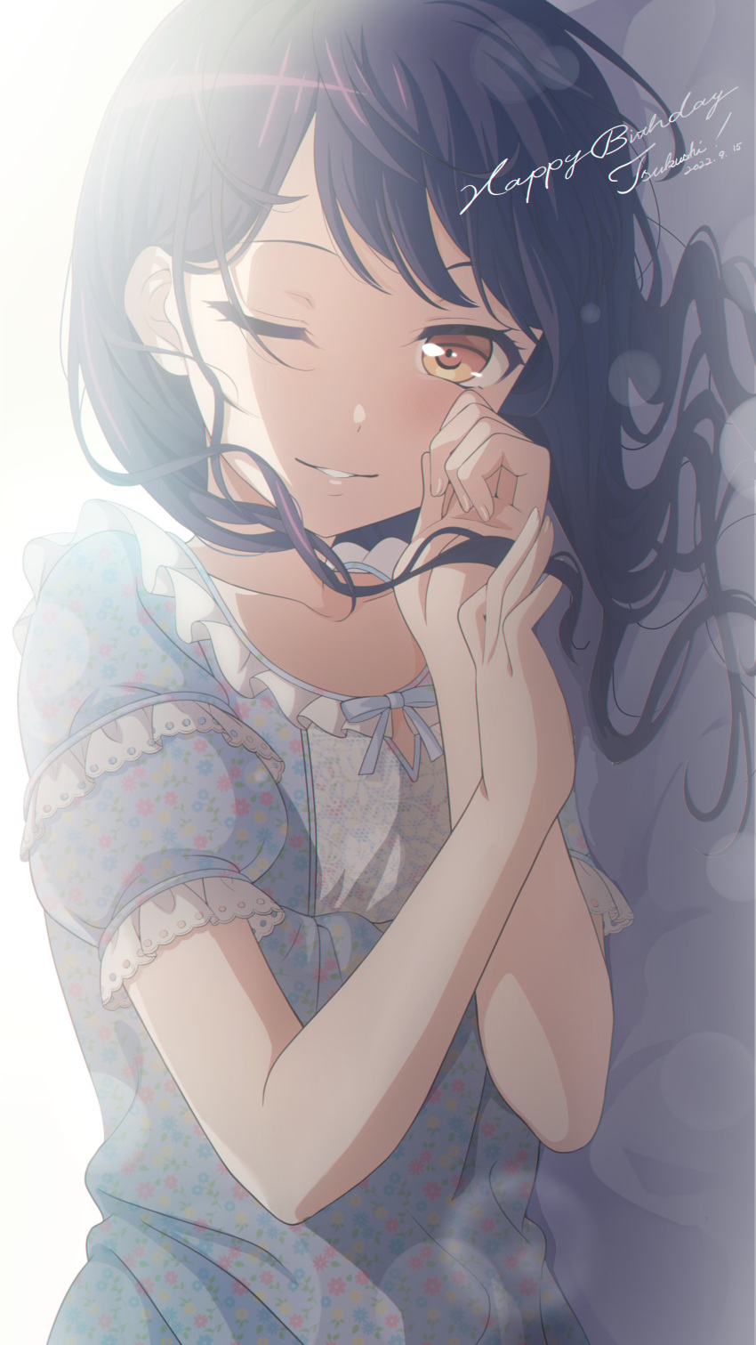 1girl ;) absurdres bang_dream! bangs black_hair blue_dress character_name collarbone commentary dated dress fingernails floral_print frilled_dress frills futaba_tsukushi gradient gradient_background grey_background hair_behind_ear hair_down hair_spread_out hand_on_own_cheek hand_on_own_face hands_up happy_birthday highres long_hair looking_at_viewer lying nobusawa_osamu official_alternate_costume on_side one_eye_closed parted_lips print_dress puffy_short_sleeves puffy_sleeves short_sleeves sideways smile solo upper_body white_background yellow_eyes