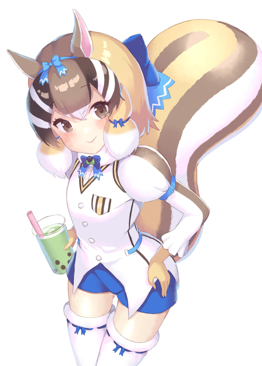 1girl animal_costume animal_ear_fluff animal_ears brown_eyes brown_hair closed_mouth drink gloves highres kemono_friends kemono_friends_v_project kneehighs looking_at_viewer microphone multicolored_hair ribbon sawara_noa scarf shirt shorts siberian_chipmunk_(kemono_friends) simple_background smile socks solo tail virtual_youtuber white_background white_hair