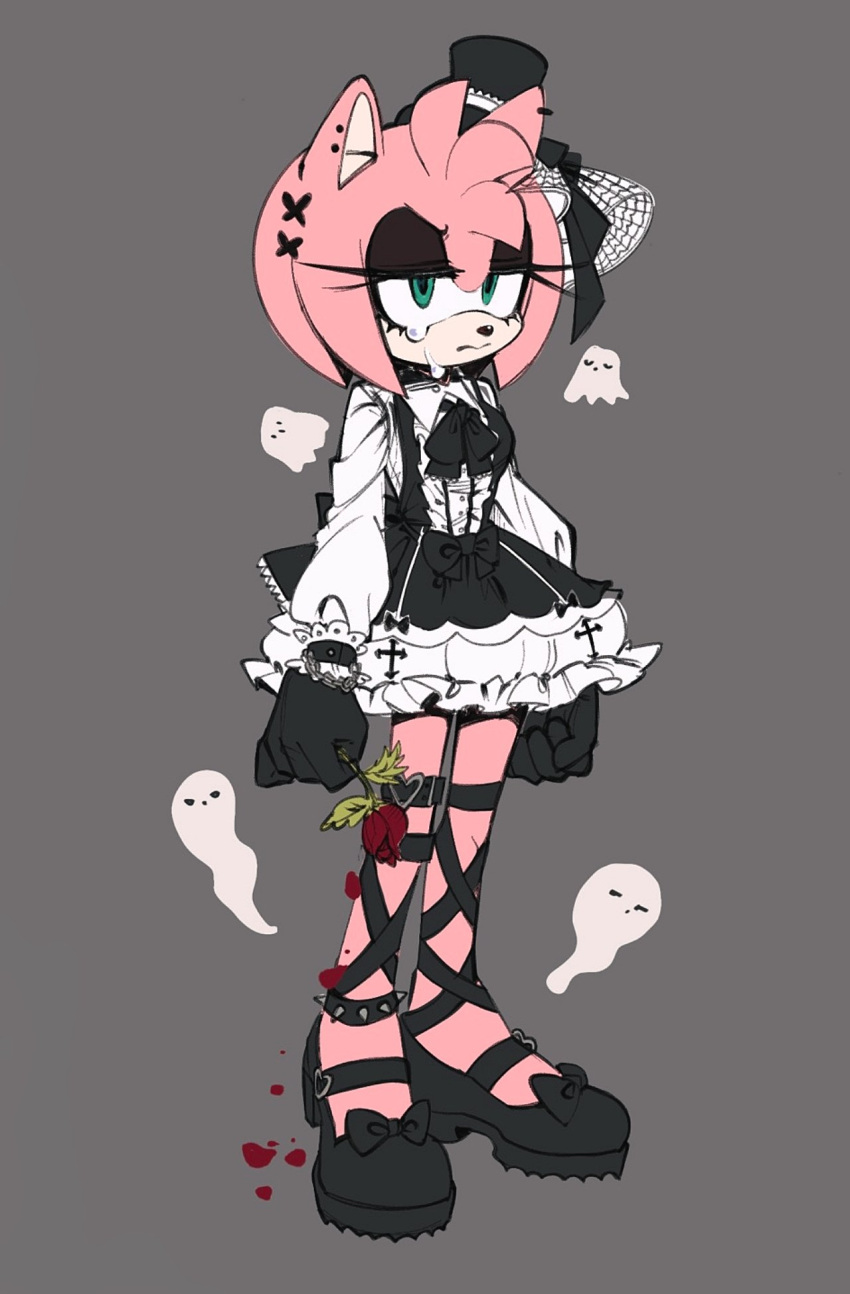 1girl 3mia_hadi3 amy_rose animal_ears animal_nose boots dress frills furry furry_female gloves gothic gothic_lolita green_eyes hairband hat hedgehog_girl highres lolita_fashion pink_fur pink_hair ribbon short_hair simple_background solo sonic_(series) tears white_gloves