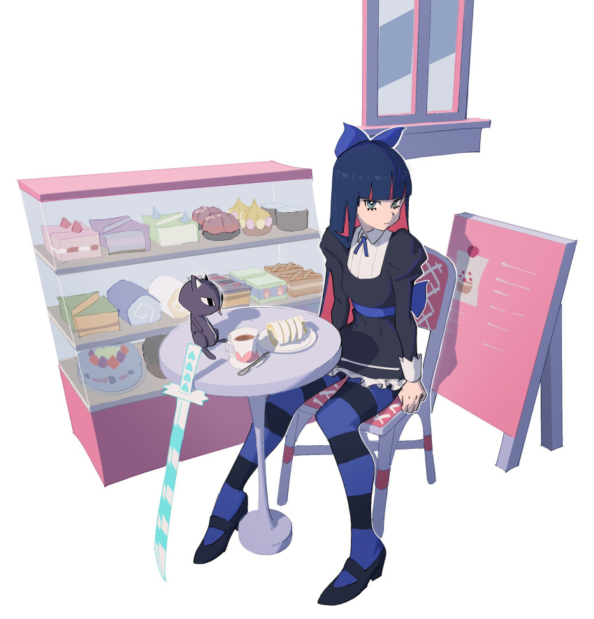 1girl birthday_cake black_dress black_footwear black_pantyhose blue_bow blue_eyes blue_hair blue_pantyhose blue_sash bow bright_pupils cake cake_slice chair colored_inner_hair cup dark_blue_hair display_case dress expressionless food frilled_dress frills full_body gothic_lolita hair_bow highres hime_cut honekoneko_(psg) lolita_fashion long_sleeves looking_at_viewer mary_janes menu_board multicolored_hair panty_&amp;_stocking_with_garterbelt pantyhose pastry pink_hair plate psylduck puffy_long_sleeves puffy_sleeves sash shoes sitting solo spoon stocking_(psg) streaked_hair striped striped_pantyhose stuffed_animal stuffed_cat stuffed_toy swiss_roll sword table teacup two-tone_hair two-tone_pantyhose weapon white_pupils window