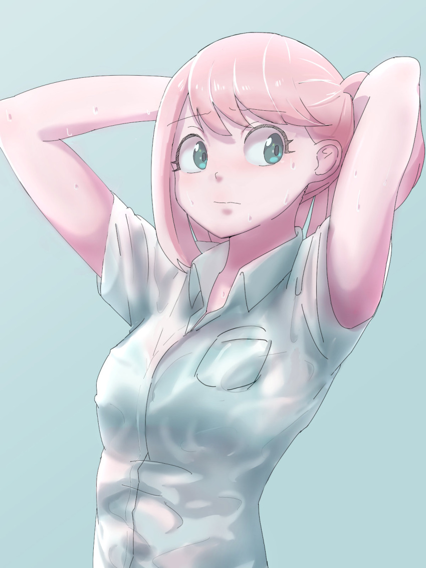 1girl arms_behind_head arms_up ase_shibuki bangs blush bra_visible_through_clothes breast_pocket breasts closed_mouth collared_shirt embarrassed eyelashes green_eyes grey_background highres komi-san_wa_komyushou_desu looking_away pink_hair pocket school_uniform see-through see-through_shirt shirt short_sleeves simple_background small_breasts sweat sweaty_clothes takita_(takita3411) tying_hair upper_body wet wet_clothes white_shirt