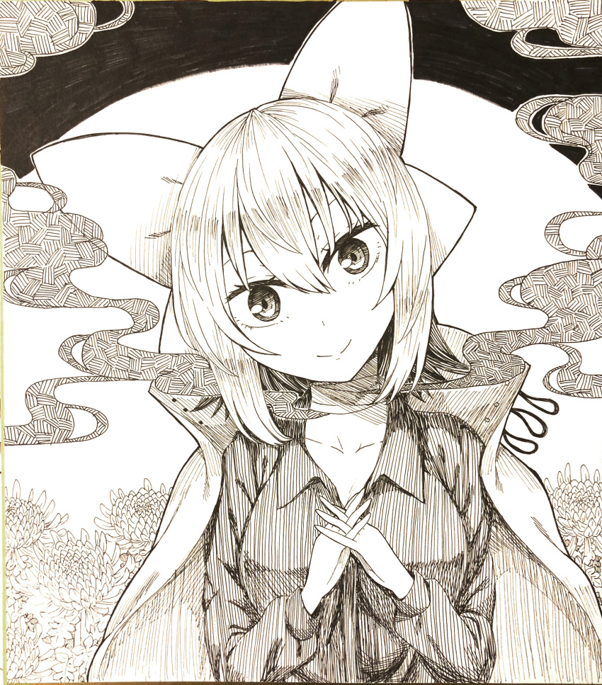 1girl bandaged_neck bandages bangs bow breasts chrysanthemum cloak closed_mouth collared_shirt commentary_request flower graphite_(medium) greyscale hair_between_eyes hair_bow hatching_(texture) head_tilt highres interlocked_fingers ke-su large_breasts long_sleeves looking_at_viewer monochrome own_hands_together sekibanki shikishi shirt short_hair smile solo touhou traditional_media upper_body