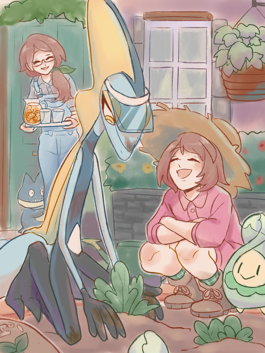 budew dirty dirty_face farming food galar_mother gloria_(pokemon) hat highres inteleon lemonade long_hair multiple_girls munchlax open_mouth outdoors plant pokemon pokemon_(game) pokemon_swsh potted_plant ryllen_art short_hair smile straw_hat visor_cap