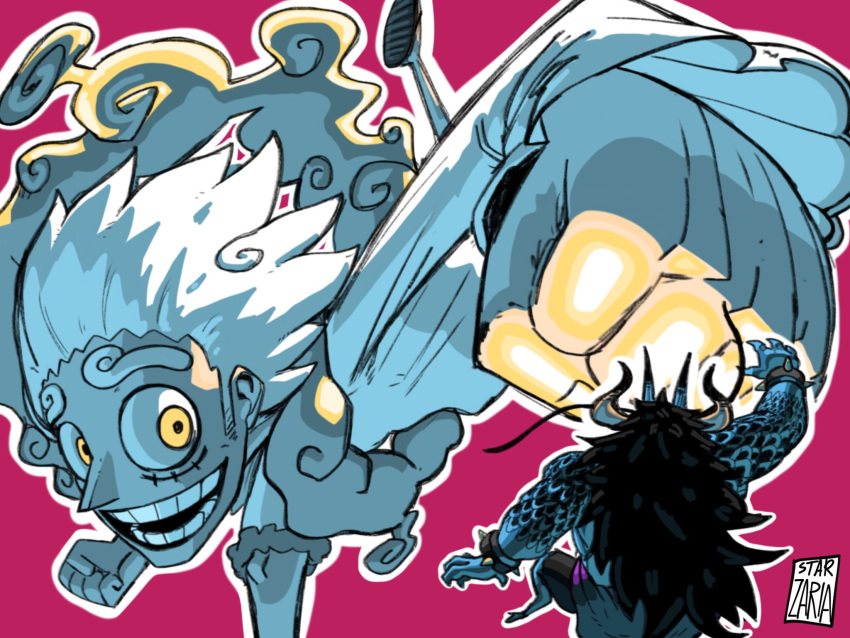 2boys :d giant giant_male highres horns incoming_attack incoming_punch kaidou_(one_piece) long_hair monkey_d._luffy multiple_boys one_piece open_mouth punching scales signature smile spoilers starzaria white_hair yellow_eyes