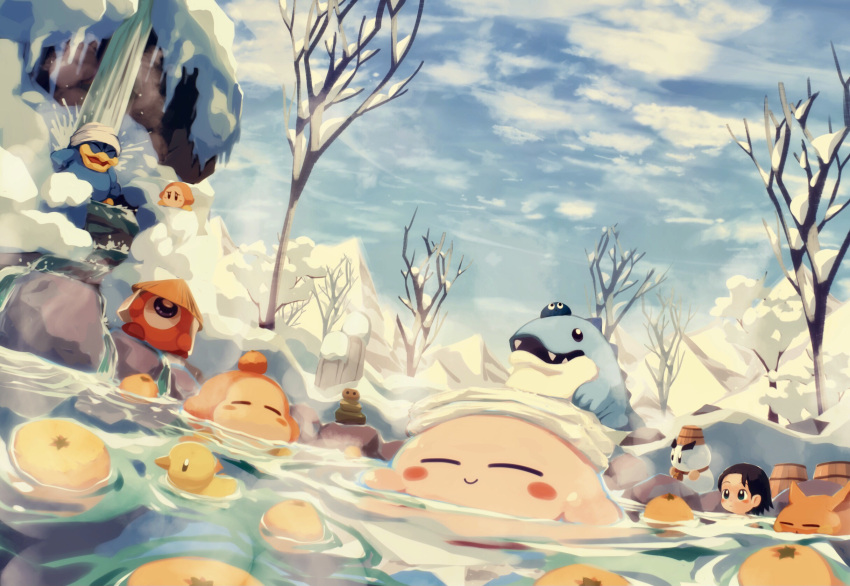 1girl =_= adeleine bathing black_eyes blue_sky blush_stickers boulder chilly_(kirby) closed_eyes clouds gooey_(kirby) highres ice_dragon_(kirby) king_dedede kirby kirby_(series) mountain on_water onsen outdoors partially_submerged relaxed relaxing scarfy sky smile snow steam suyasuyabi towel towel_on_head tree waddle_dee waddle_doo water waterfall