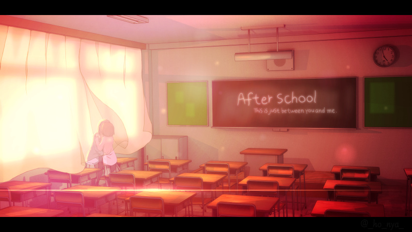 2girls brown_hair chalkboard classroom collared_shirt curtains desk english_text highres honya219 indoors kiss long_hair multiple_girls original pleated_skirt school school_desk school_uniform shirt short_hair skirt sunlight sunset sweater wind window yuri