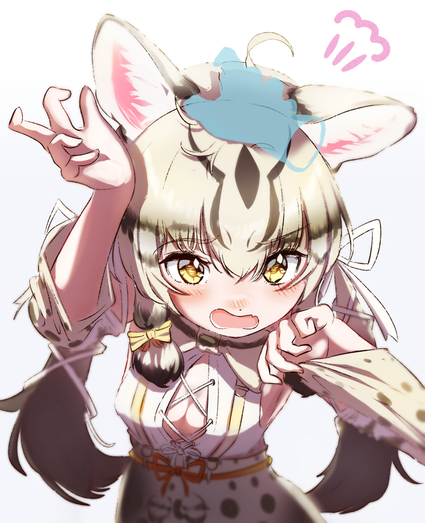 1girl absurdres almondrake bare_shoulders blonde_hair blush bow brown_hair commentary_request detached_sleeves disembodied_limb geoffroy's_cat_(kemono_friends) hair_bow hand_on_another's_head high-waist_skirt highres kemono_friends kemono_friends_v_project long_hair long_sleeves multicolored_hair open_mouth print_skirt print_sleeves shirt sidelocks skirt solo twintails virtual_youtuber white_shirt yellow_bow yellow_eyes